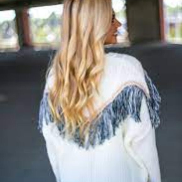 Mustard Seed Ivory Fringe Western Chunky Knit Oversized Boxy Rodeo Sweater Med - Picture 5 of 8